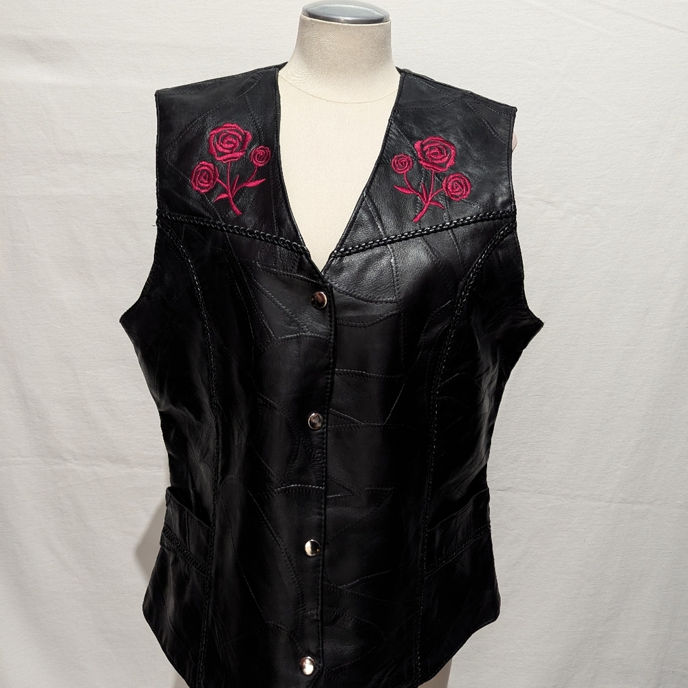 Vintage Free People X Diamond-Plate Embroidered Buffalo Leather Vest Sz 2X